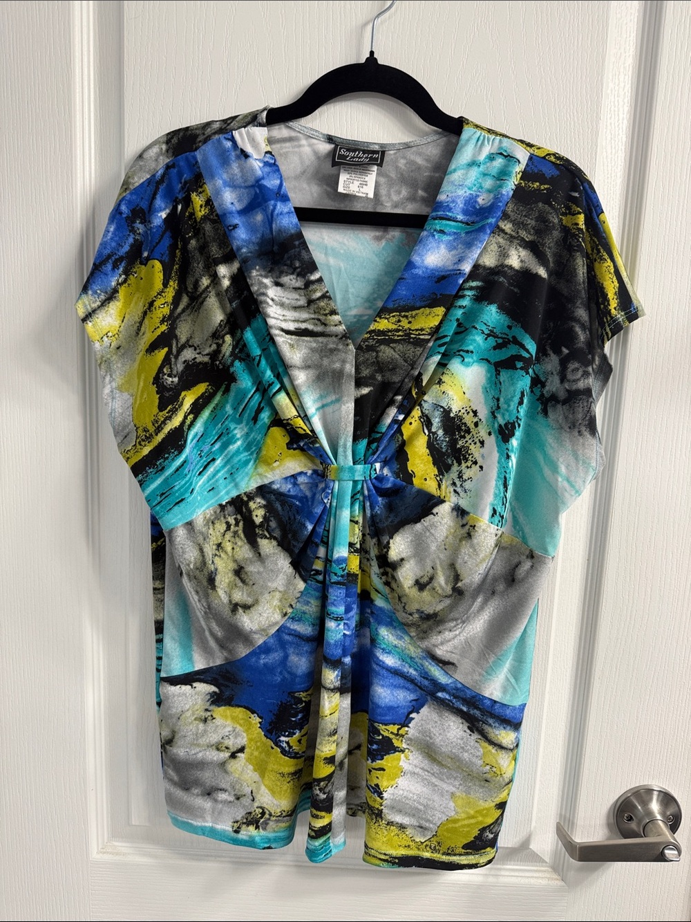 Southern Lady Blue Turquoise Yellow Abstract Cinched Front V-Neck Blouse Boho